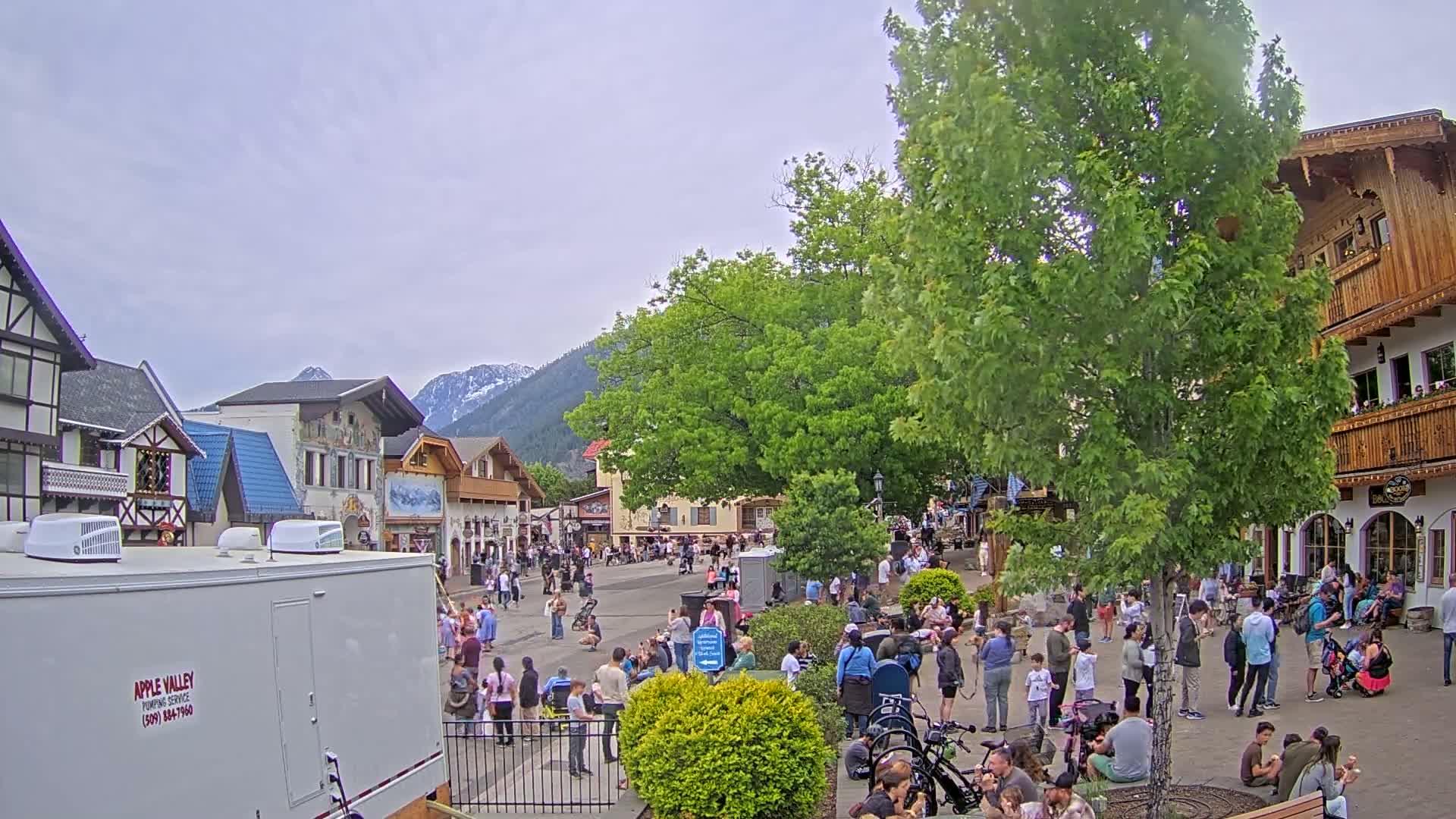 A crowded village square with European-style buildings, lush green trees, and mountains in the background under a cloudy sky.