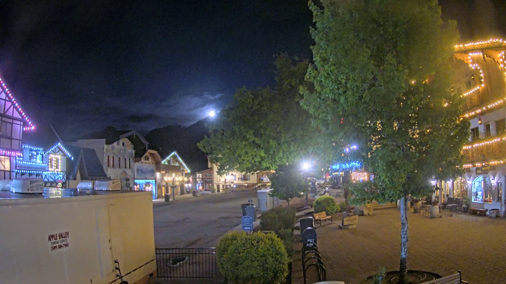 A moonlit night scene shows a town square with festively lit buildings, trees, and some outdoor seating.