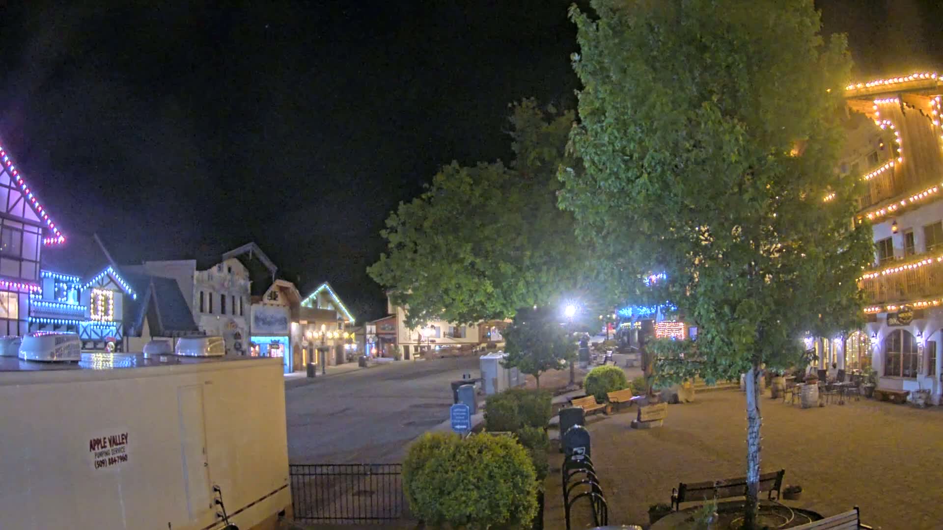 A nighttime view of a town square with several buildings decorated with string lights, a large tree in the center, and a mostly empty street.
