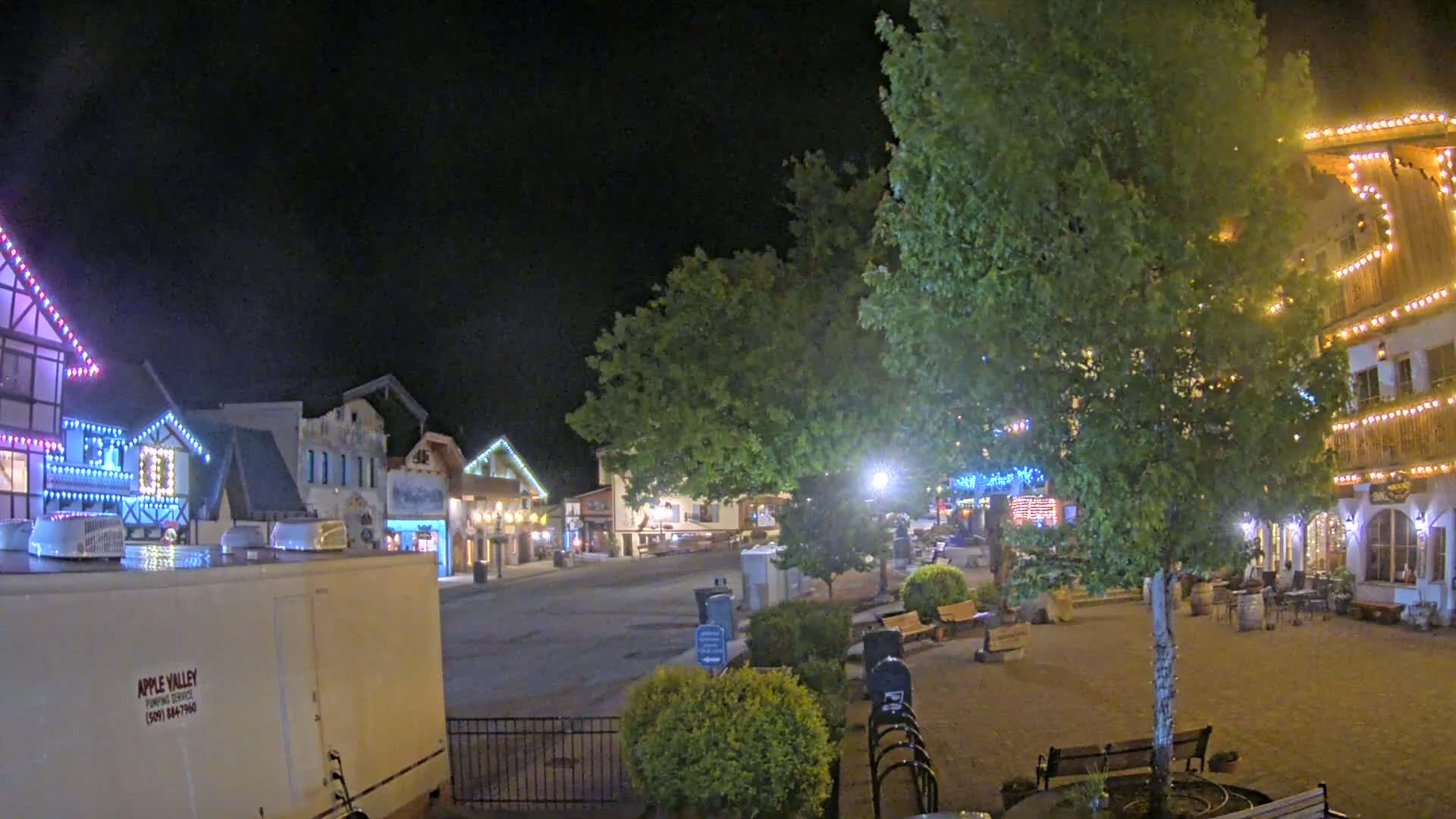 A town square at night, illuminated by string lights on buildings and streetlights, with several leafy trees and park benches.