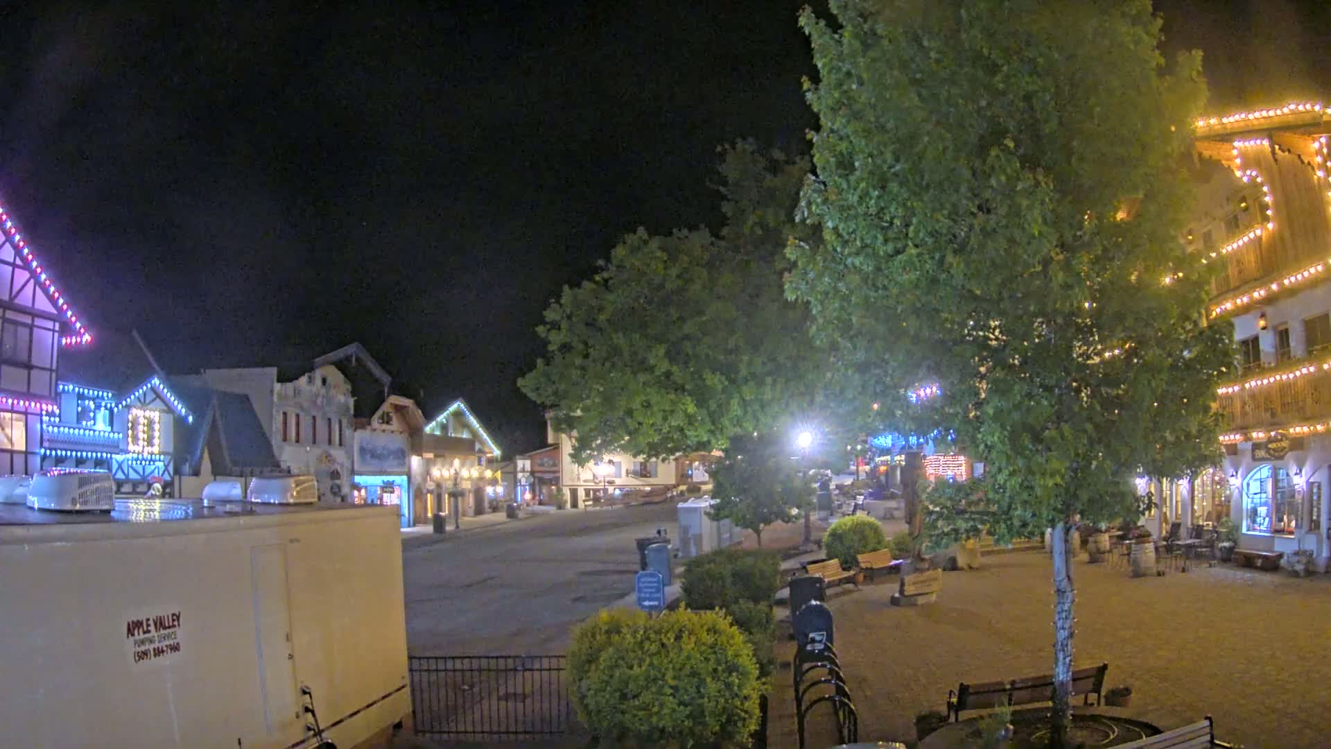 A nighttime view of a town square with buildings decorated with string lights, a large tree in the center, and several benches.