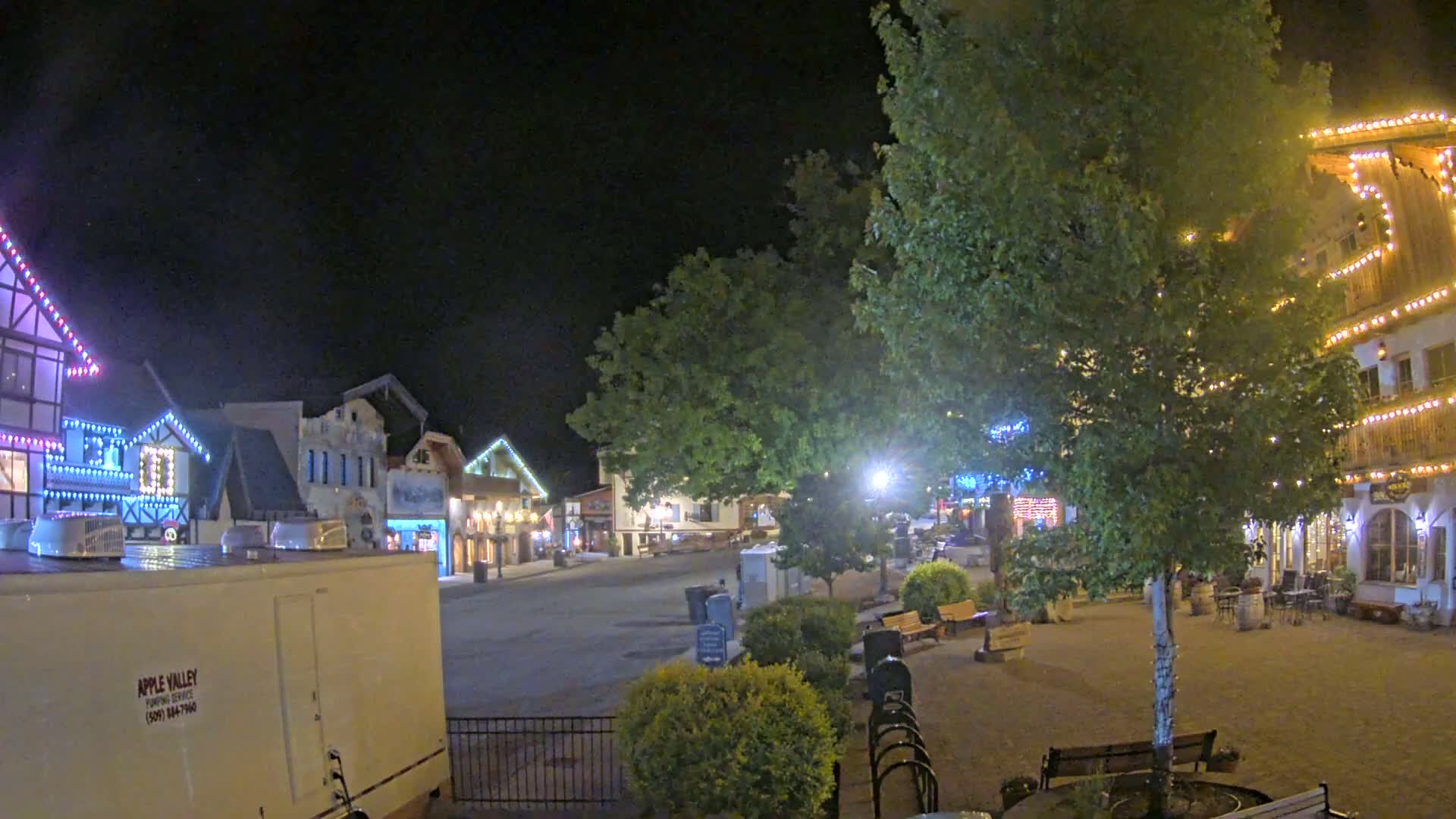 A nighttime view of a town square with buildings decorated with string lights, a large tree in the center, and a mostly empty street.