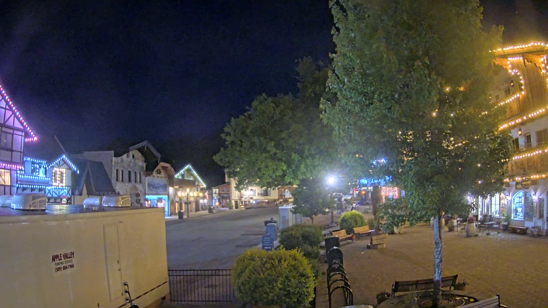 A nighttime view of a town square with buildings decorated with string lights, and trees in the foreground.