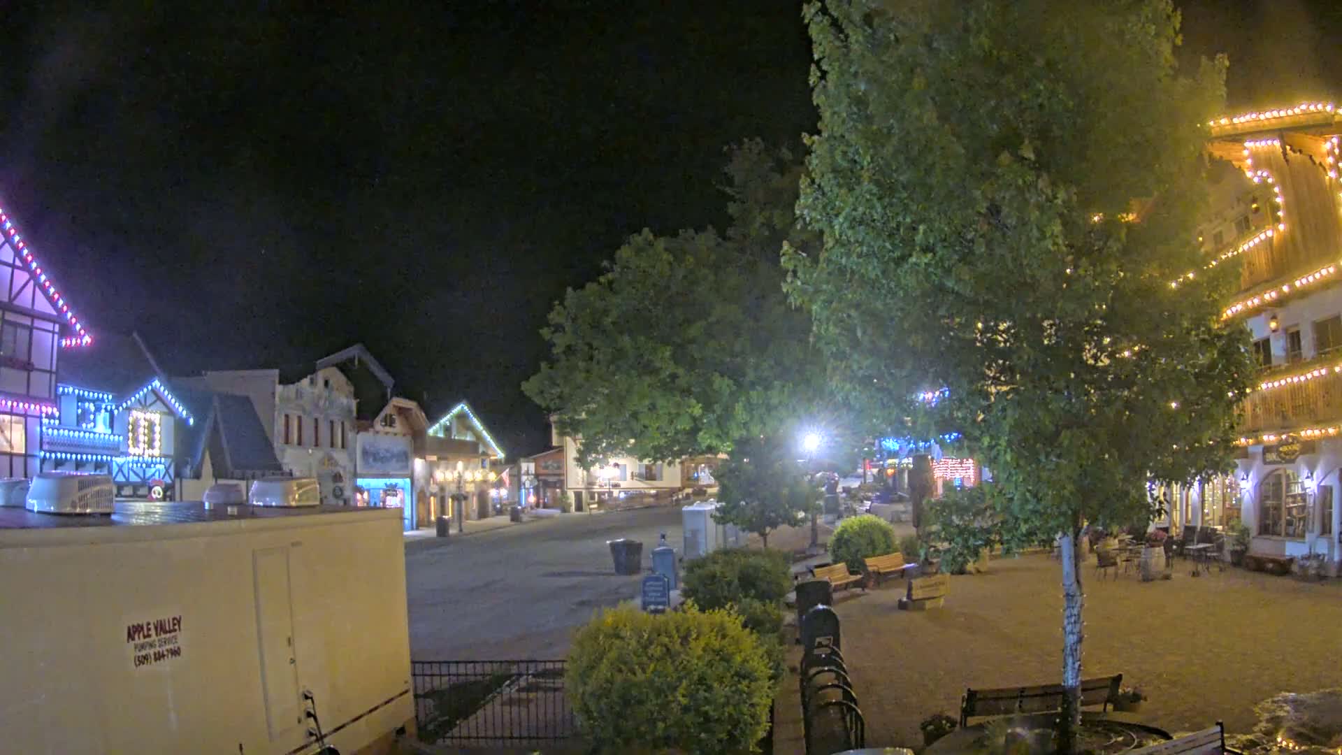 A nighttime scene of a town square with festively lit buildings and a large tree in the center, under a clear, dark sky.