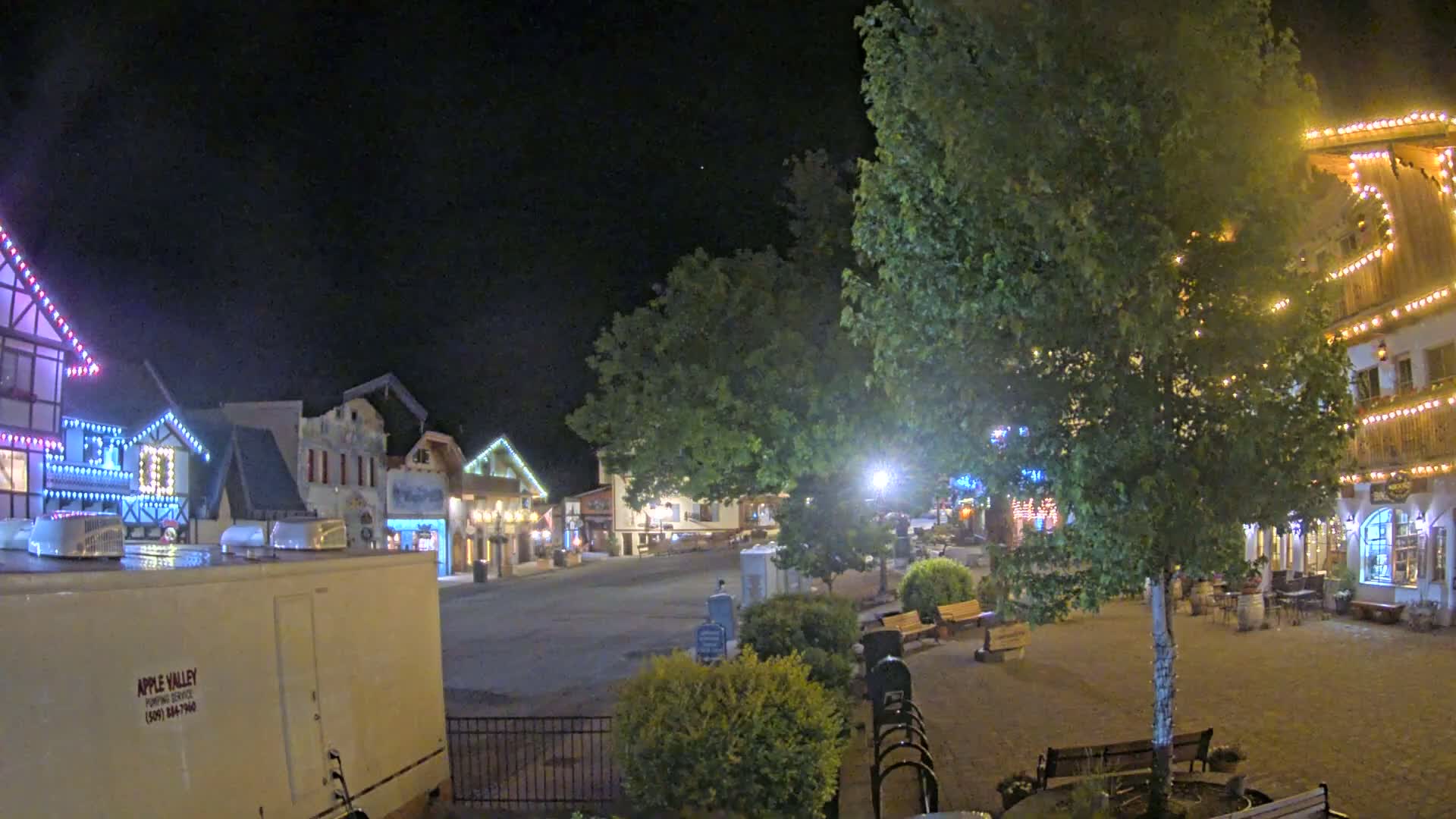 A nighttime view of a town square with several buildings decorated with string lights, a large tree in the center, and benches surrounding the area.