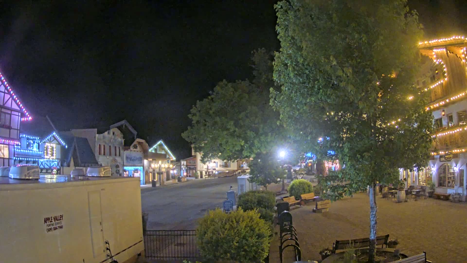 A nighttime view of a town square with several buildings decorated with string lights, a large tree in the center, and benches around the perimeter under a clear, dark sky.
