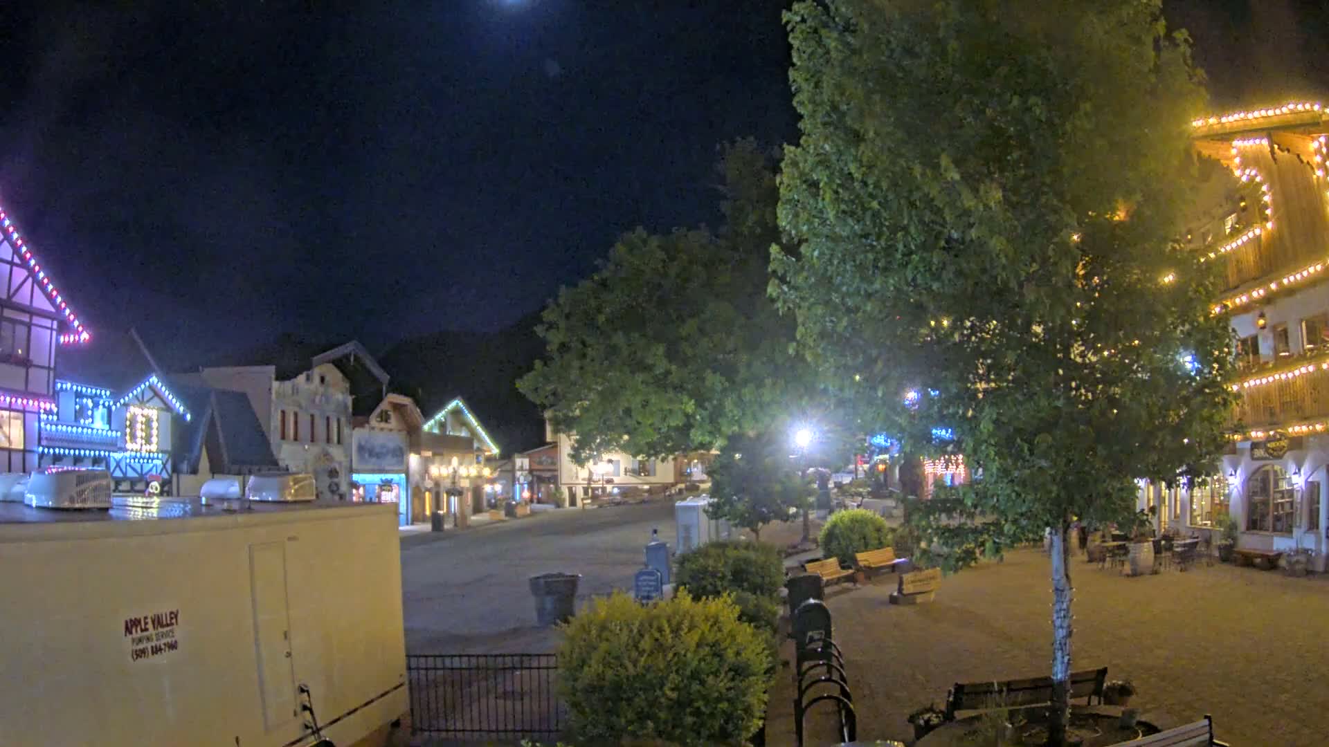 A nighttime view of a town square with festively lit buildings and a large tree in the center, under a clear, moonlit sky.
