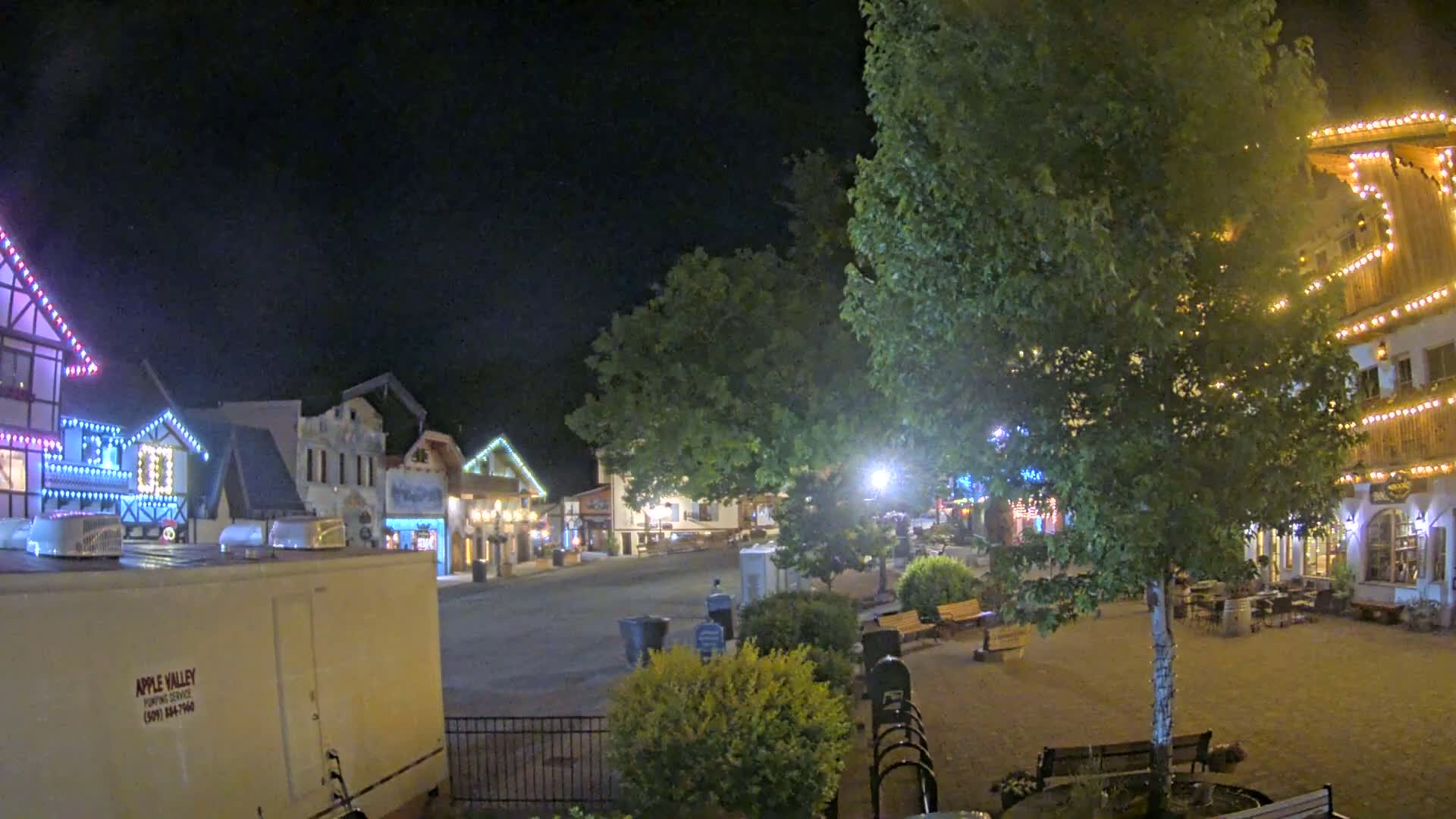 A nighttime view of a town square with several buildings decorated with string lights, a large tree in the center, and empty benches.