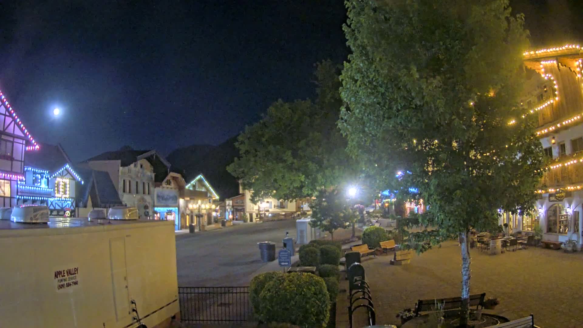 A moonlit night scene shows a quiet town square with buildings decorated with string lights, a large tree in the center, and mountains in the background.