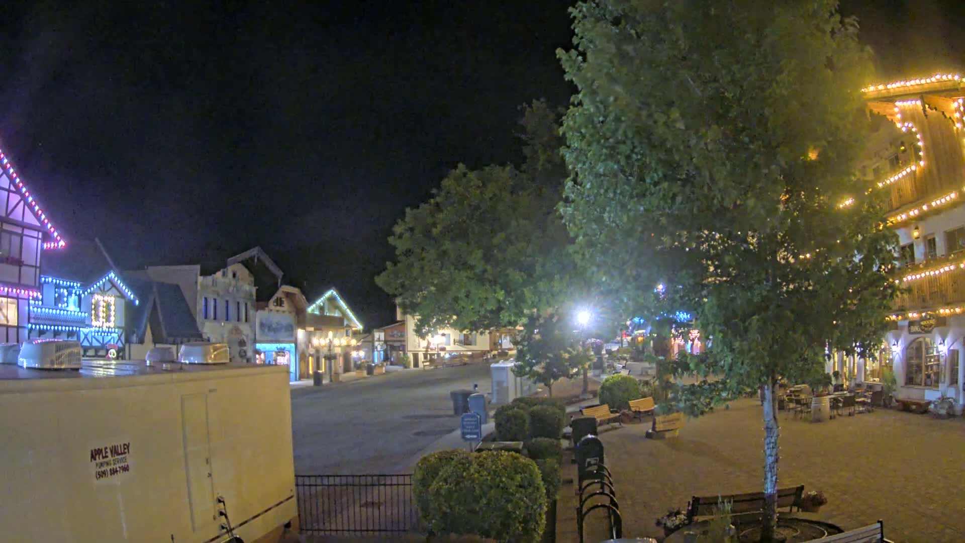 A nighttime view of a town square with several buildings decorated with string lights, a large tree in the center, and some benches.
