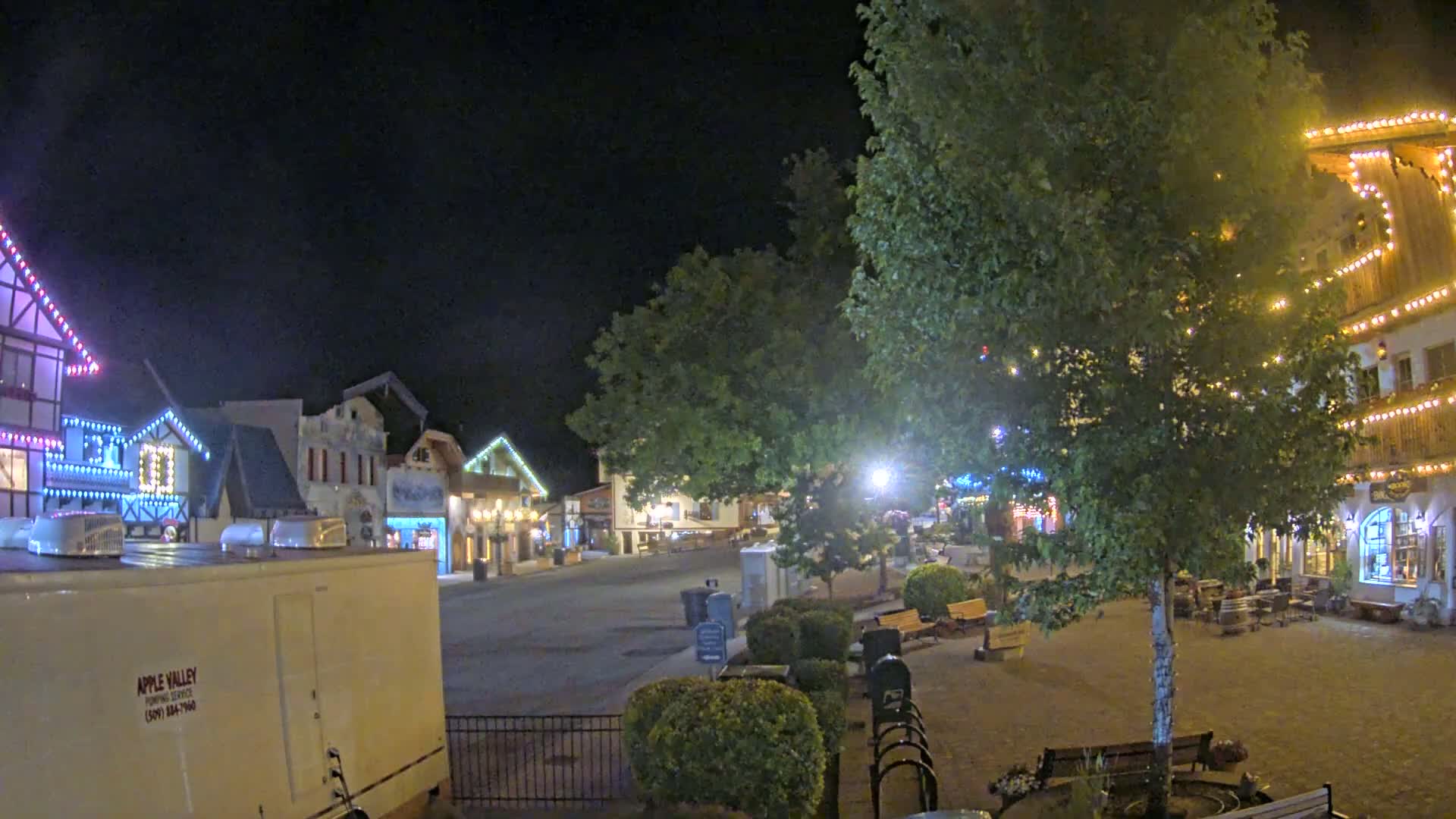 A nighttime view of a town square with several buildings decorated with string lights, a large tree in the center, and benches around the perimeter.