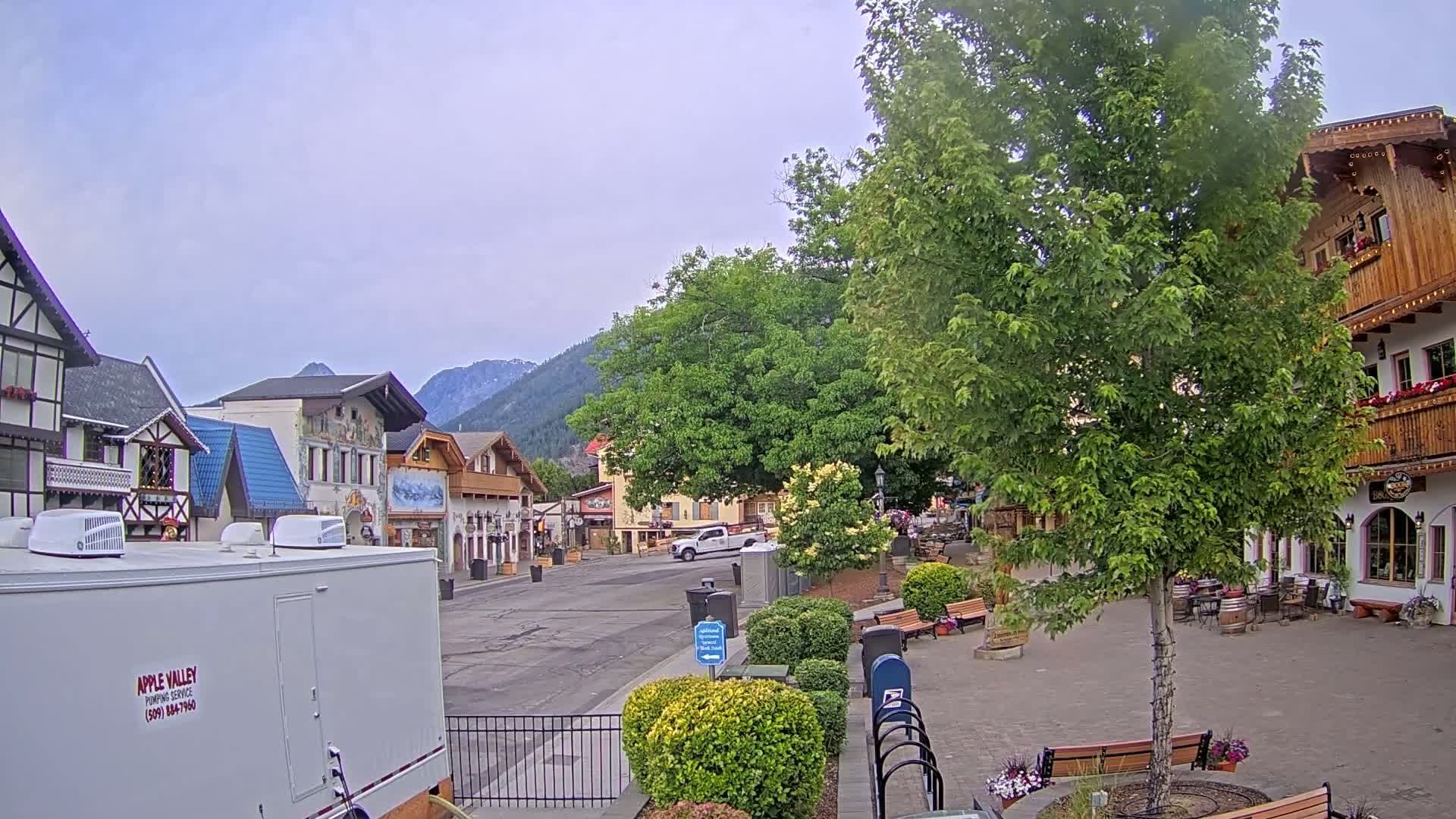 A town square with several buildings in an alpine style, under an overcast sky, is partially obscured by a large green tree.