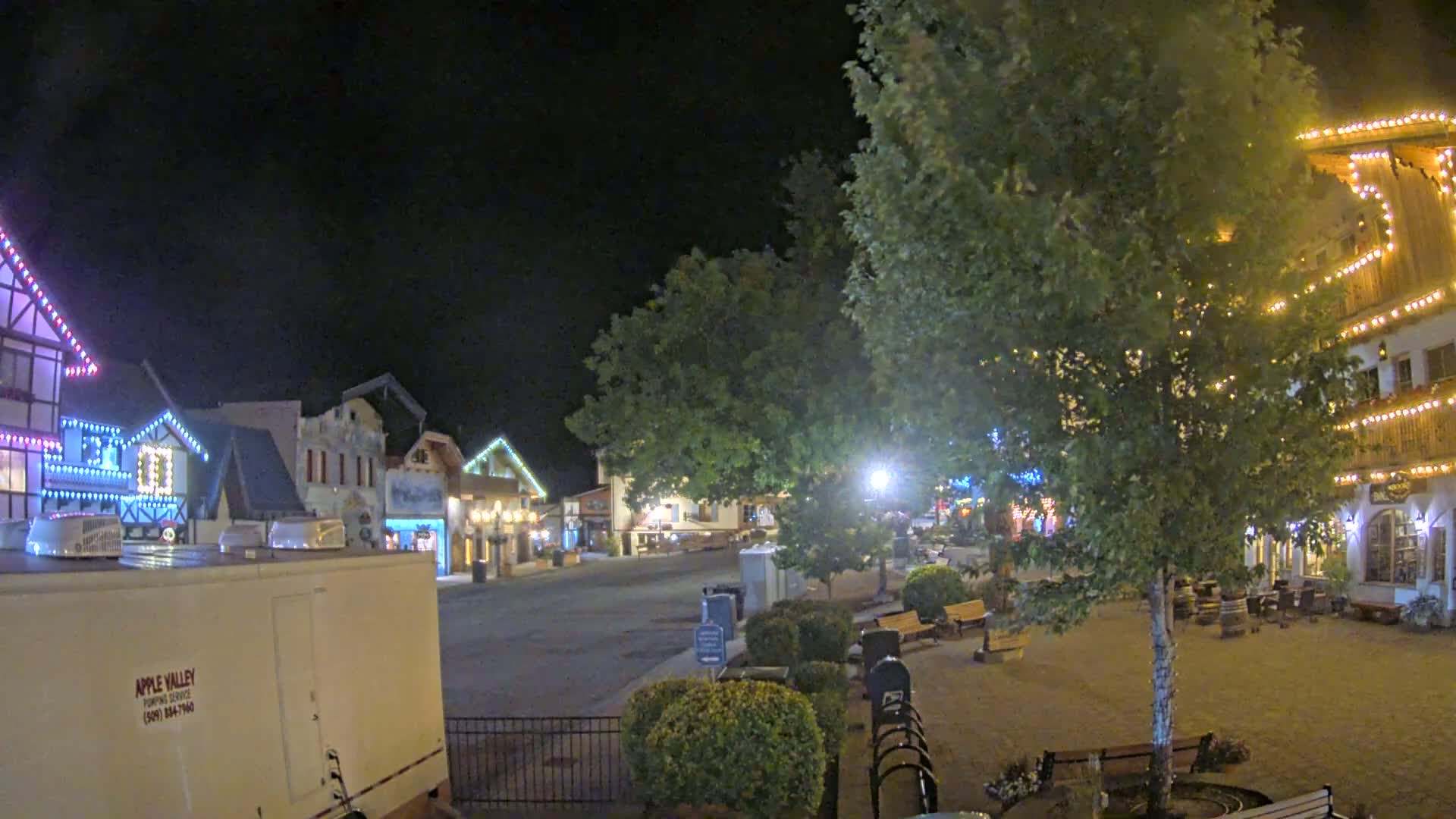 A nighttime view of a town square with several festively lit buildings and trees, under a clear, dark sky.