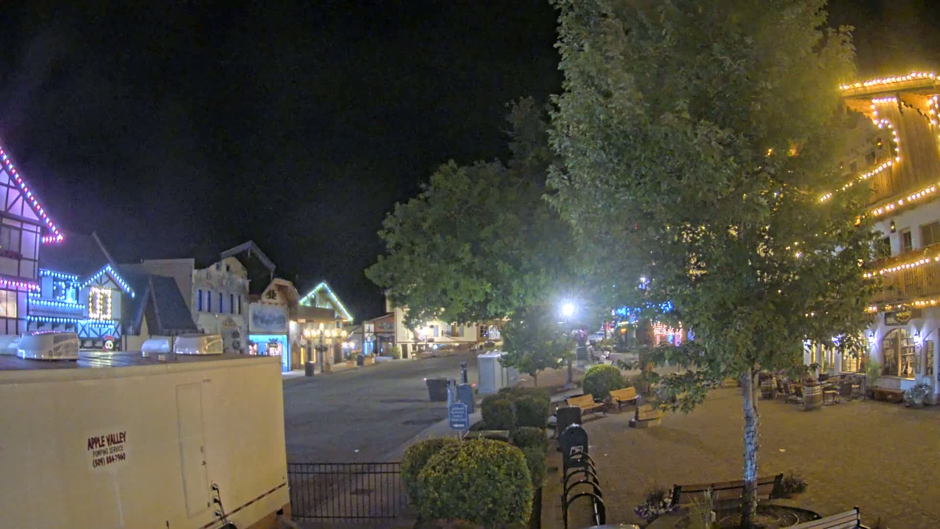 A nighttime scene of a town square with buildings adorned with string lights, trees, and benches under a dark sky.