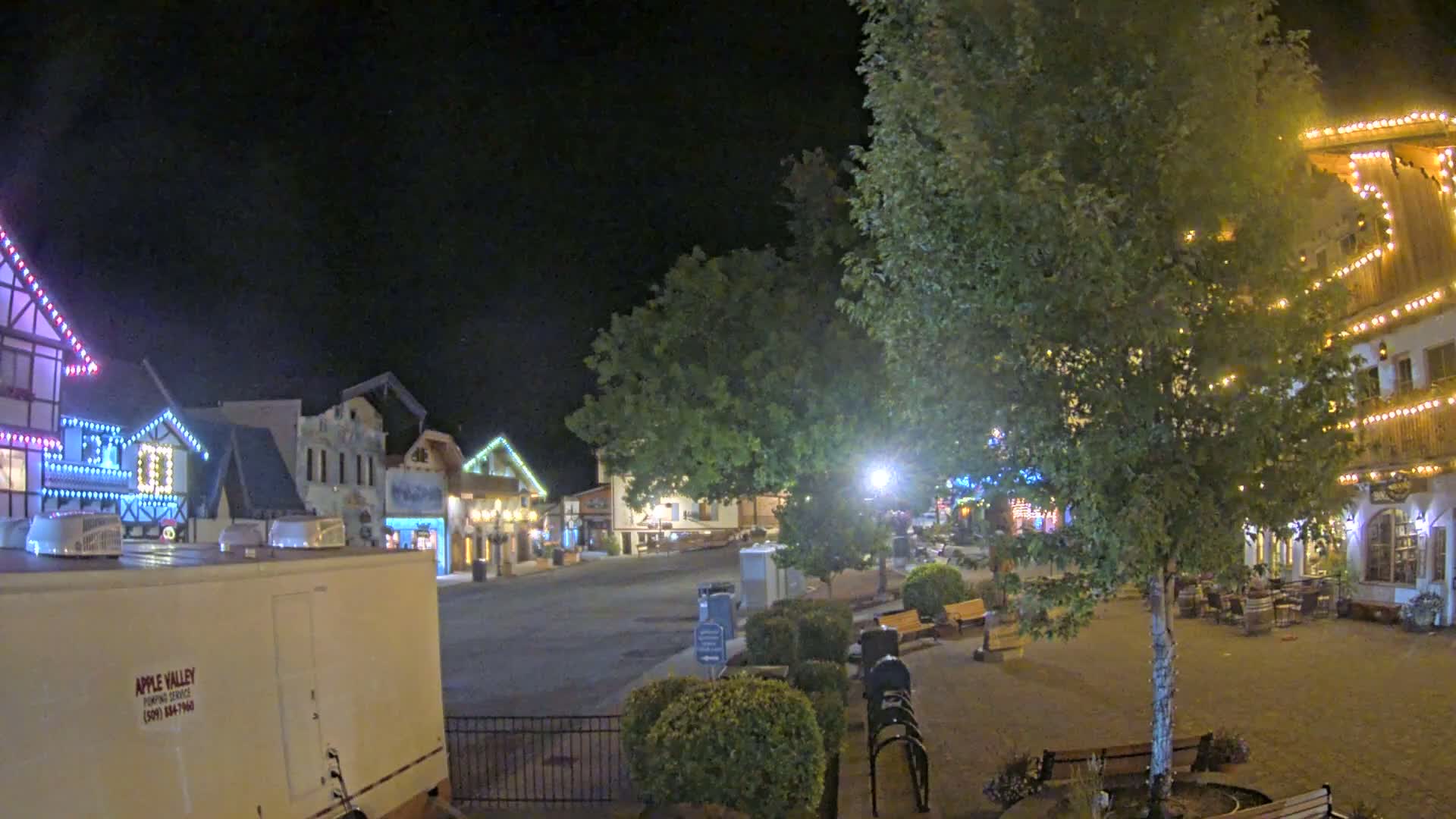 A nighttime view of a town square with festively lit buildings and a large tree in the center.
