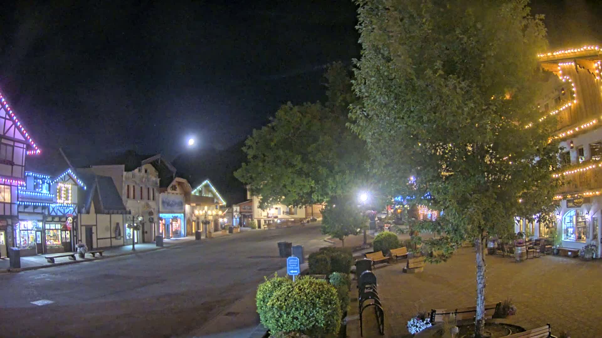 A moonlit night scene shows a quaint, festively-lit town square with shops and trees.