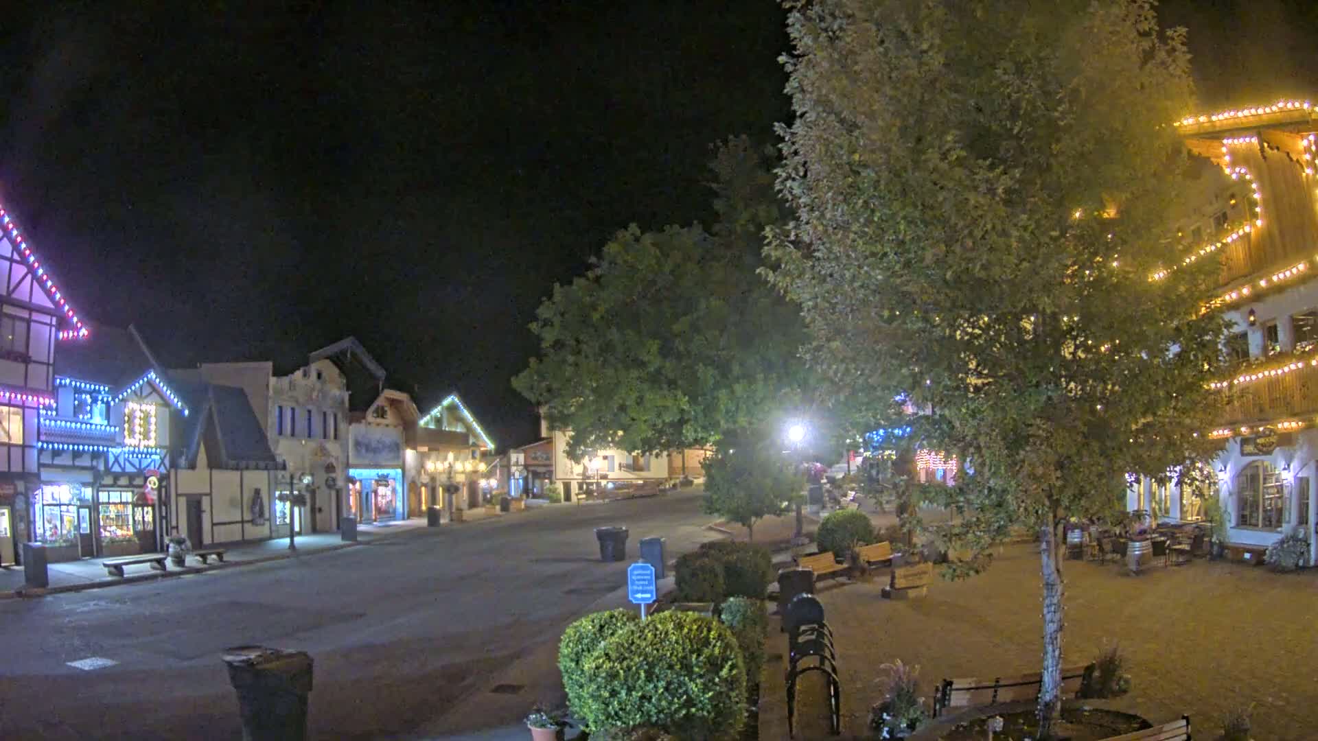 A quiet, nighttime street scene shows several buildings with fairy lights, landscaping, and park benches under a clear, dark sky.
