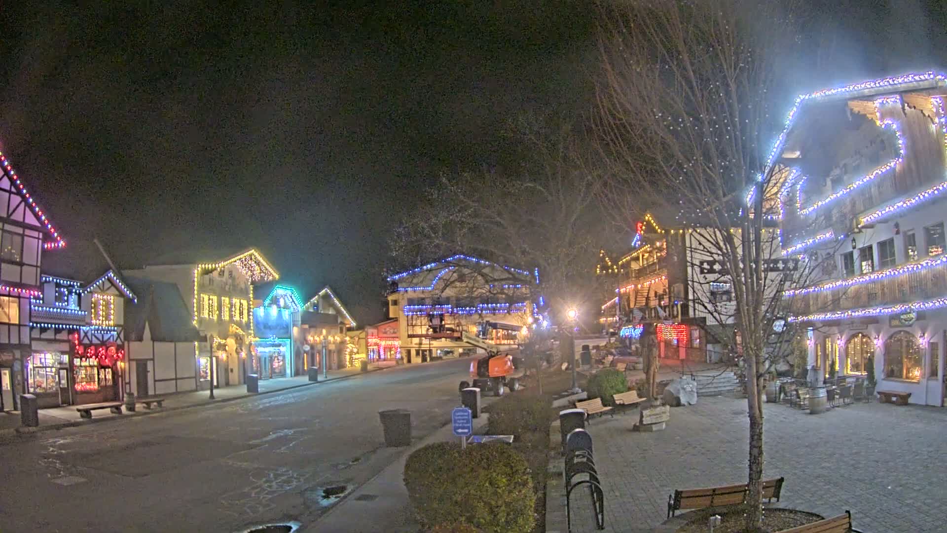 A festive European-themed village street glows with colorful string lights adorning its buildings and bare trees on a damp, dark night with wet pavement.