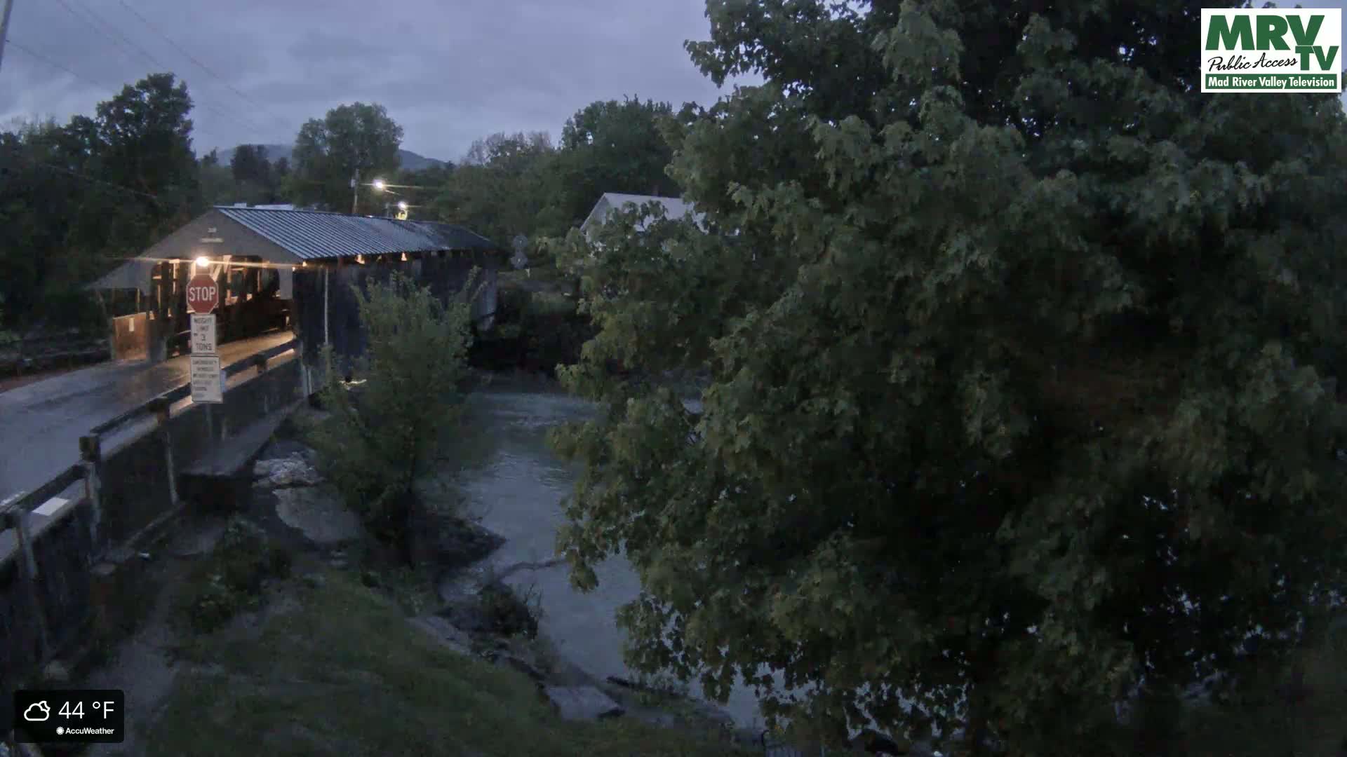 A covered bridge sits over a murky river under a gloomy sky, with lush green trees surrounding the scene.