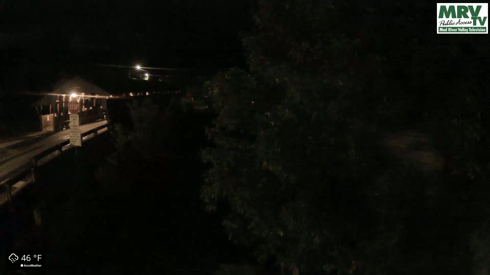 A nighttime, low-light view of a covered bridge and roadway with a stop sign, partially obscured by dark foliage.