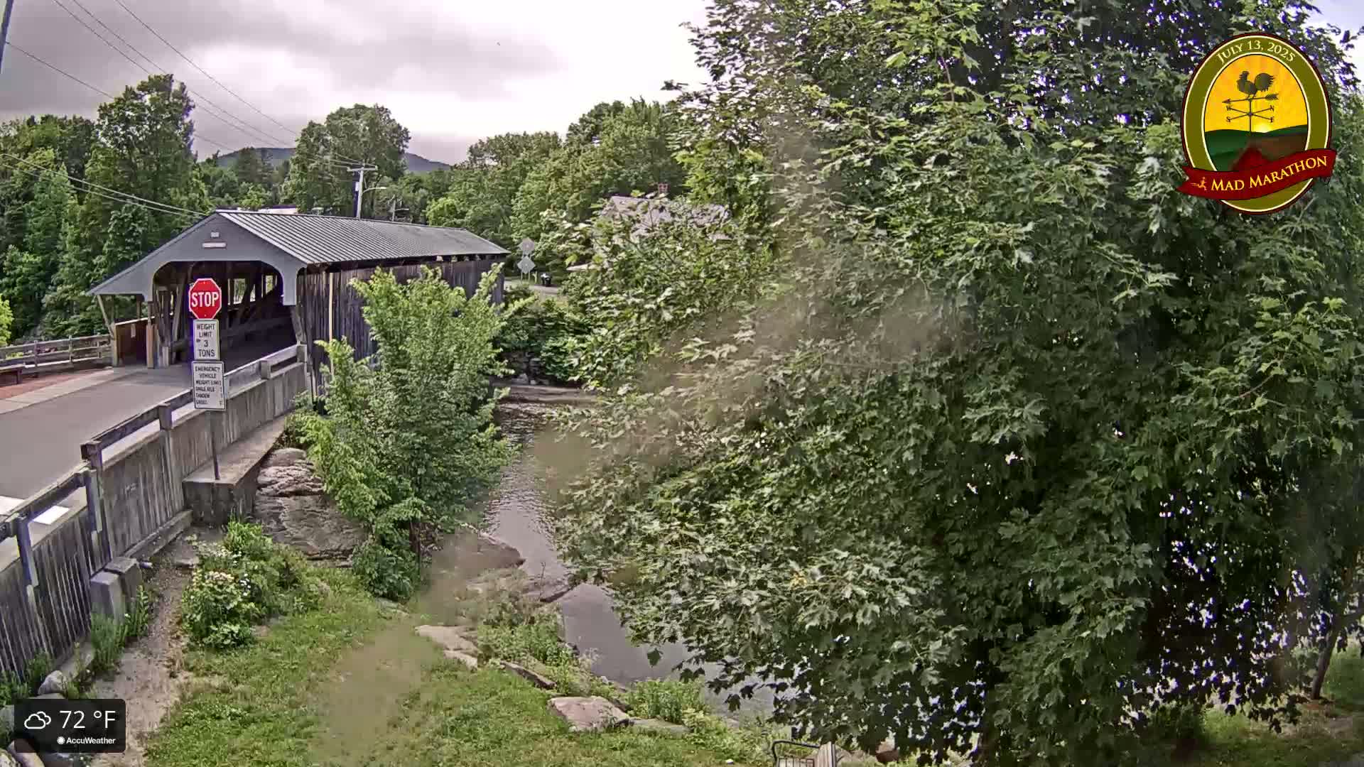 A covered bridge spans a calm river under a cloudy sky, surrounded by lush green trees and vegetation.