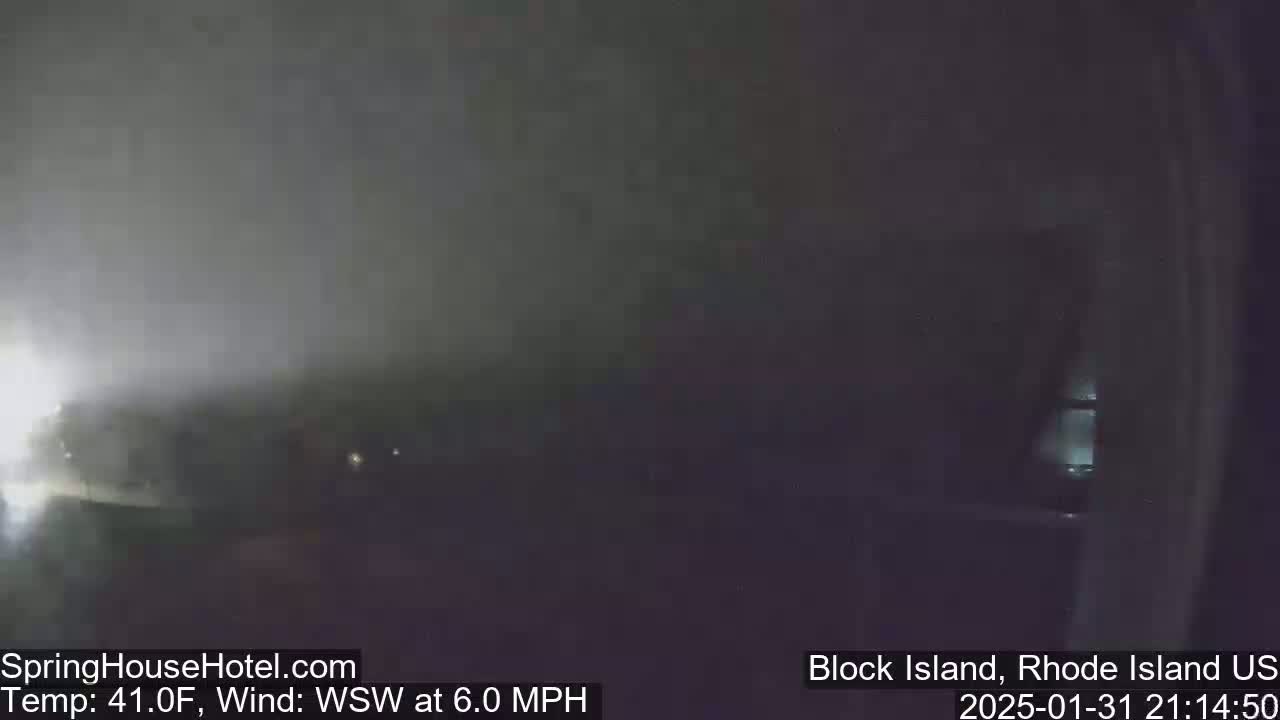A dark, foggy scene is visible at night with a temperature of 41°F and a southwest wind at 6.0 mph.