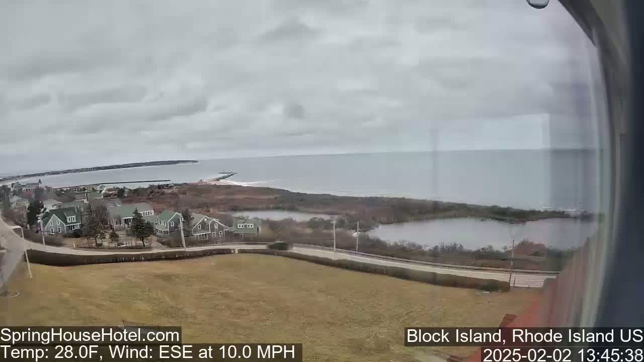 A coastal view on an overcast day shows a calm ocean, a small town with houses, and a marshy area with a pond.