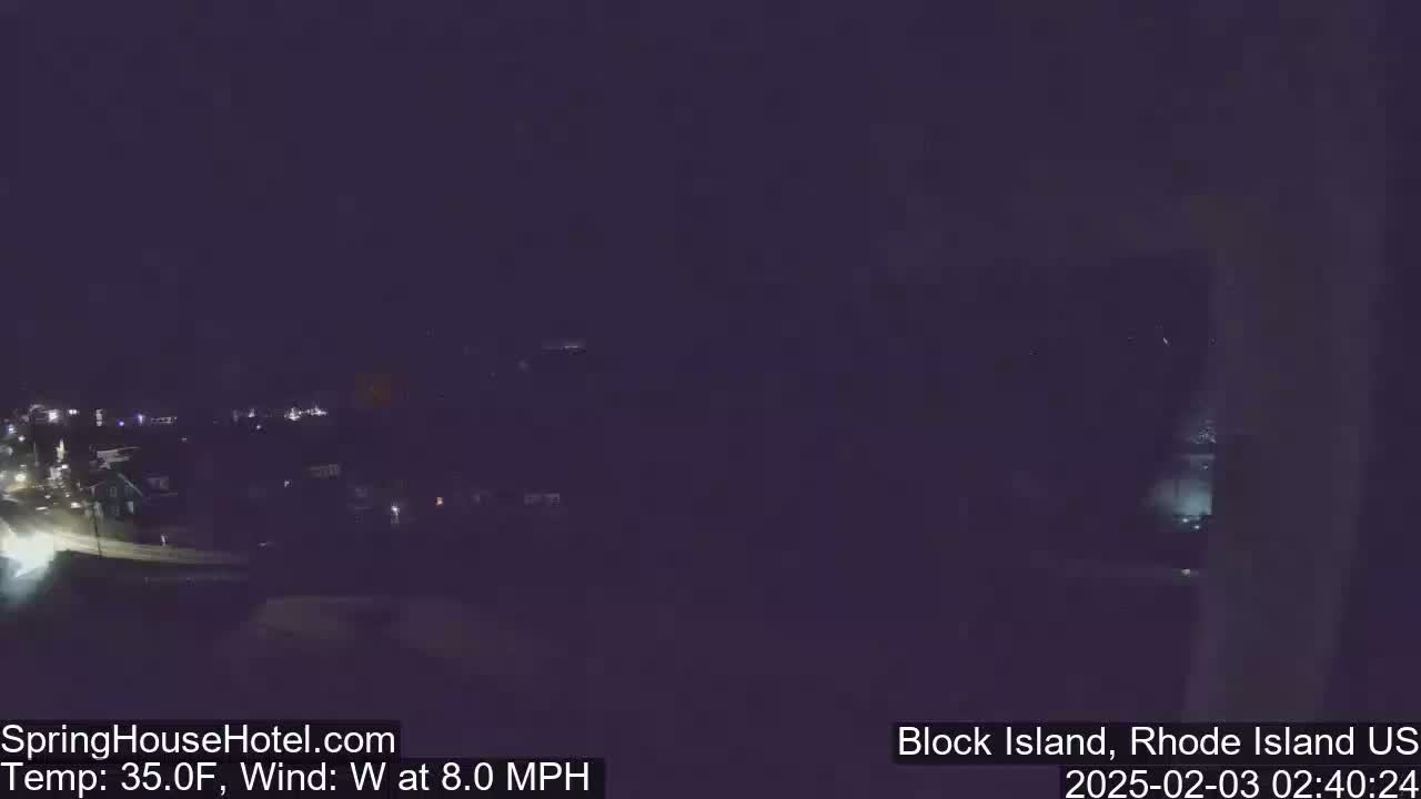 A nighttime, long shot of dimly lit buildings and a road, with a temperature of 35°F and a westerly wind of 8.0 mph.