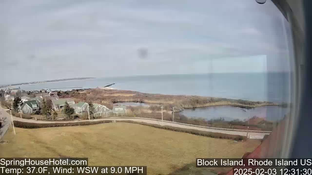 A coastal scene with houses, a road, and a calm ocean under a cloudy sky.