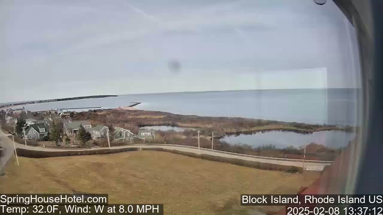 A coastal view shows a calm ocean, a residential area with houses, and a marshy area with a pond, all under a cloudy sky.