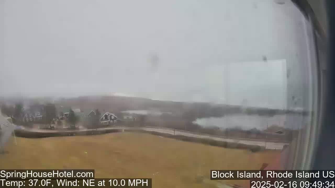 A foggy, overcast landscape shows a body of water, a road, and houses in the distance, with a northeast wind at 10 mph and a temperature of 37°F.