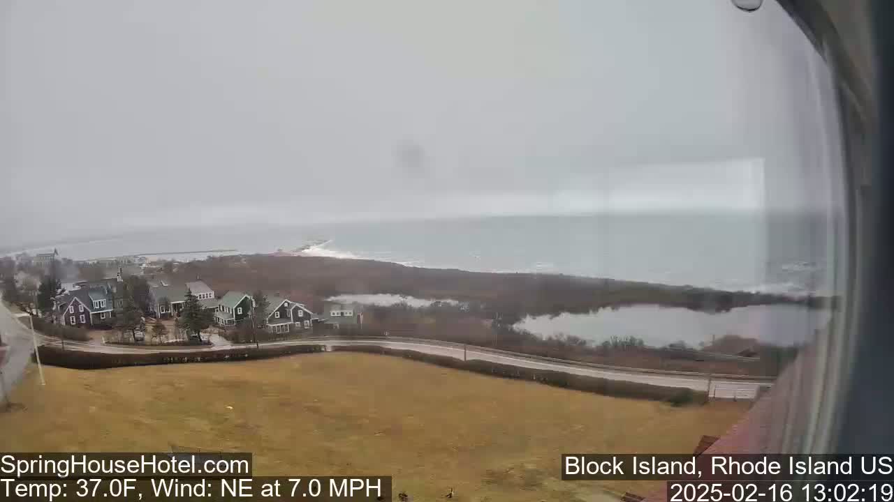 A coastal view shows houses and a road overlooking a gray, overcast ocean under a misty sky.