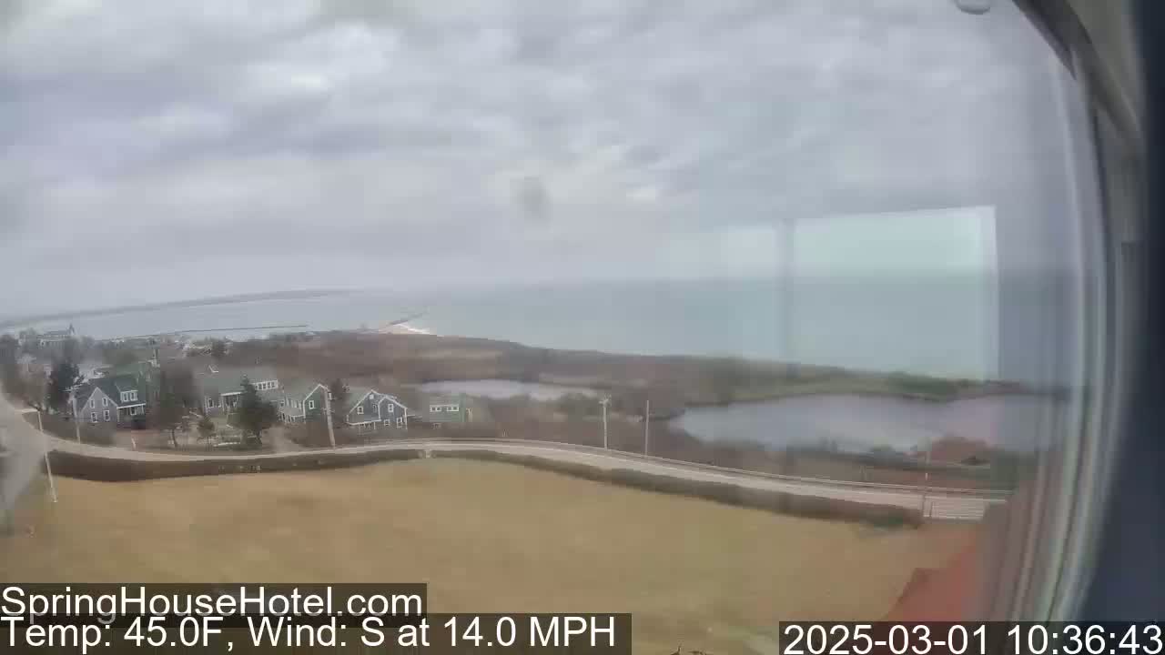 A coastal scene on an overcast day shows a calm ocean, a small town with houses near the shore, and a winding road, with a 14 mph southerly wind and a temperature of 45°F.