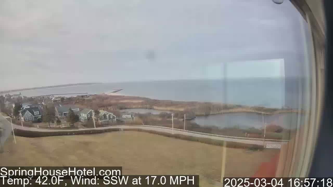 A coastal view shows a calm body of water, a small town with houses, and a marshy area under an overcast sky with a 17 mph wind from the south-southwest.