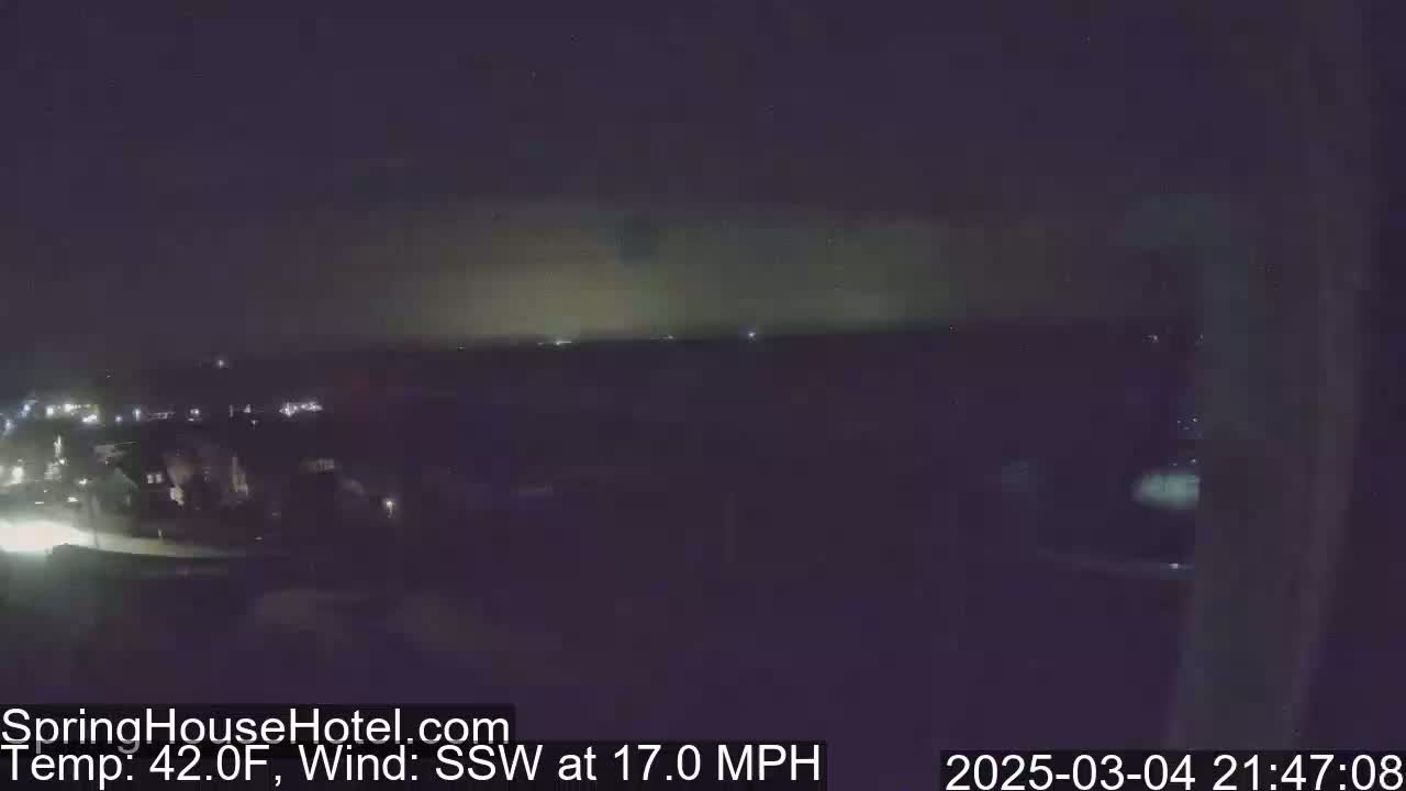 A nighttime view of a town's lights under a dark sky with a faint, light-colored horizon and a 17 mph wind from the south-southwest at a temperature of 42 degrees Fahrenheit.