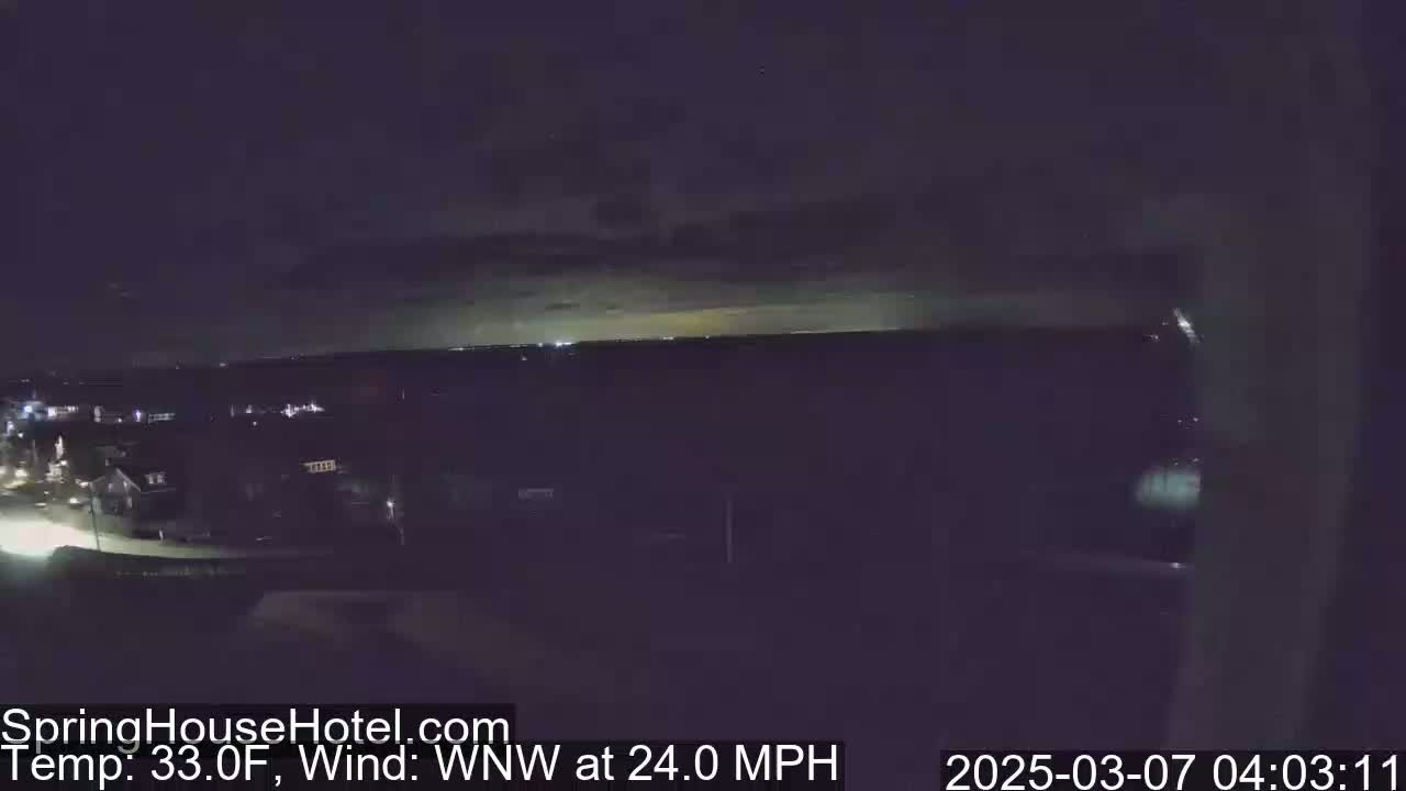 A nighttime view of a residential area with a distant horizon under a mostly clear, dark sky, with a 24 mph wind from the west-northwest and a temperature of 33°F.