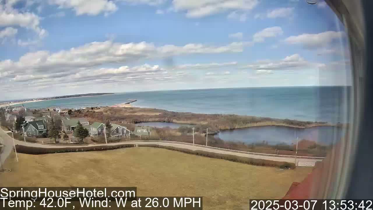 A coastal scene shows a partly cloudy sky, a calm ocean, and houses situated near a body of water and a road, with a 42°F temperature and a 26 mph westerly wind.