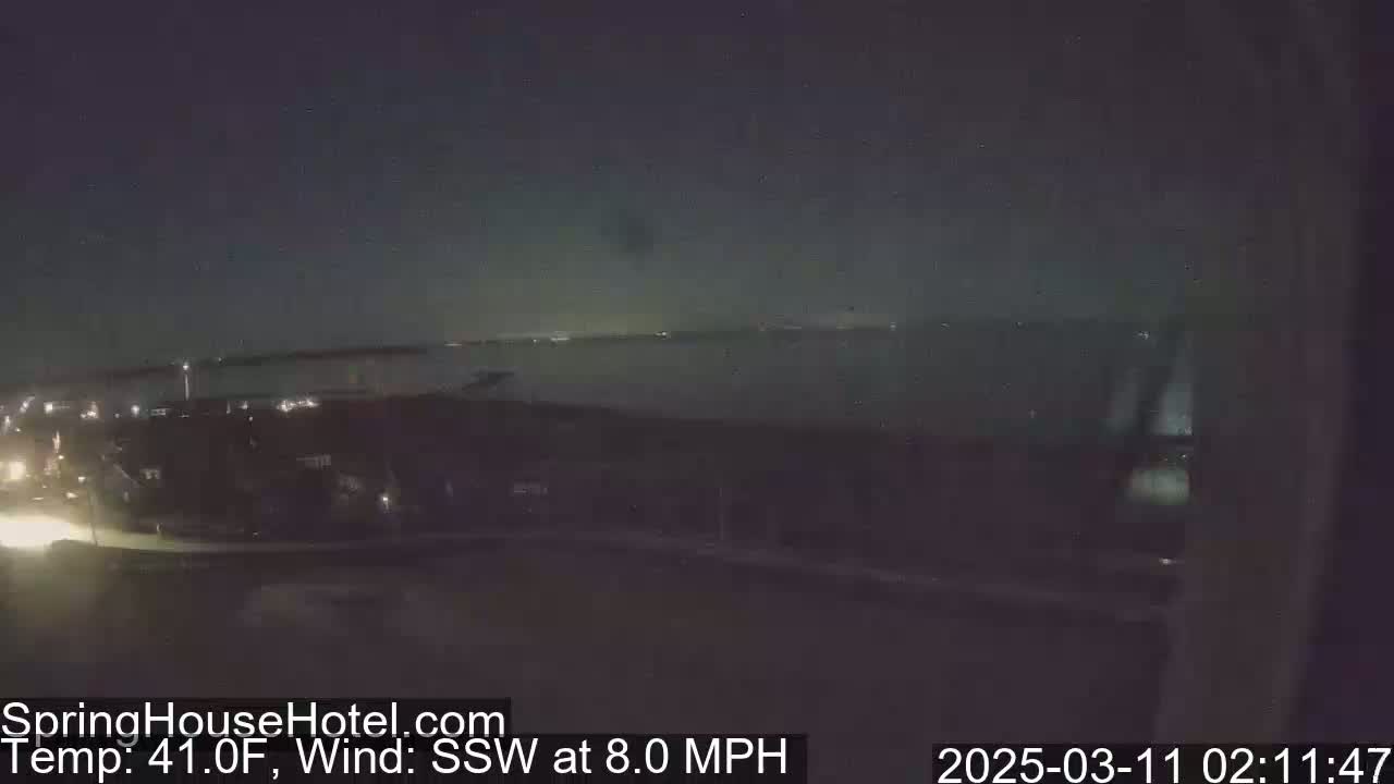 A nighttime view of a body of water with dimly lit buildings and a road in the foreground, under a dark sky with a southwest wind of 8.0 mph and a temperature of 41.0°F.