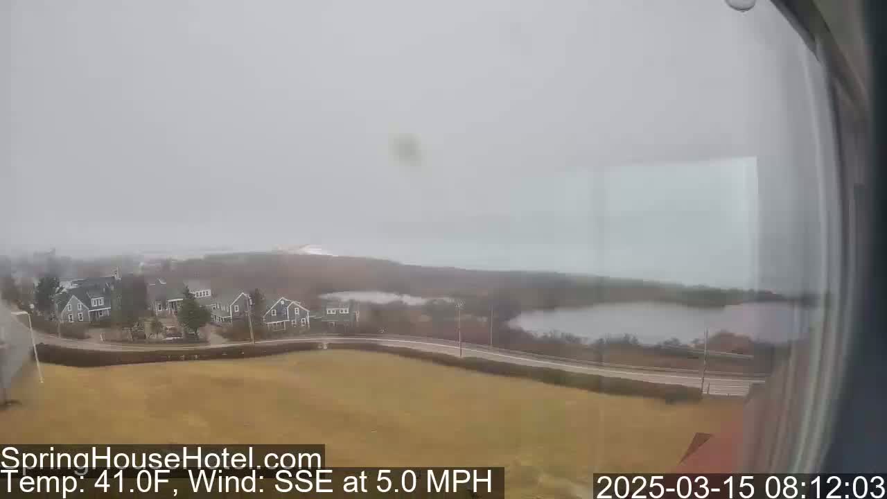 A foggy, overcast view shows a coastal town with houses and a body of water under a gray sky, with a light wind blowing from the south-southeast.