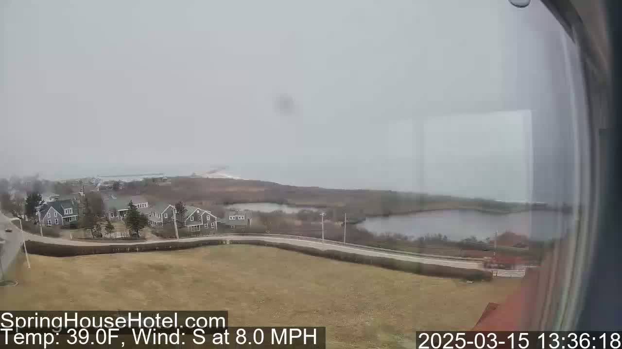 A coastal view on an overcast day shows several houses near a road curving past a body of water, with a hazy ocean in the distance.
