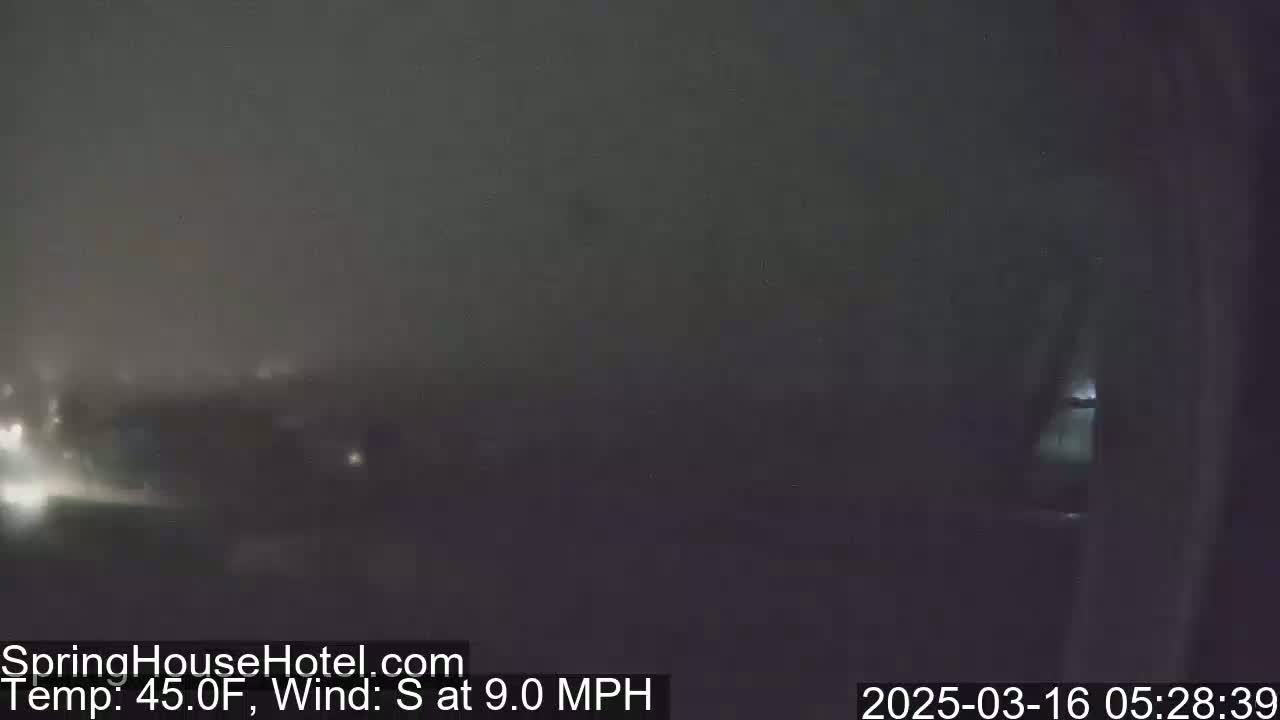 A dark, foggy scene is visible at night with a 45°F temperature and a 9 mph south wind.