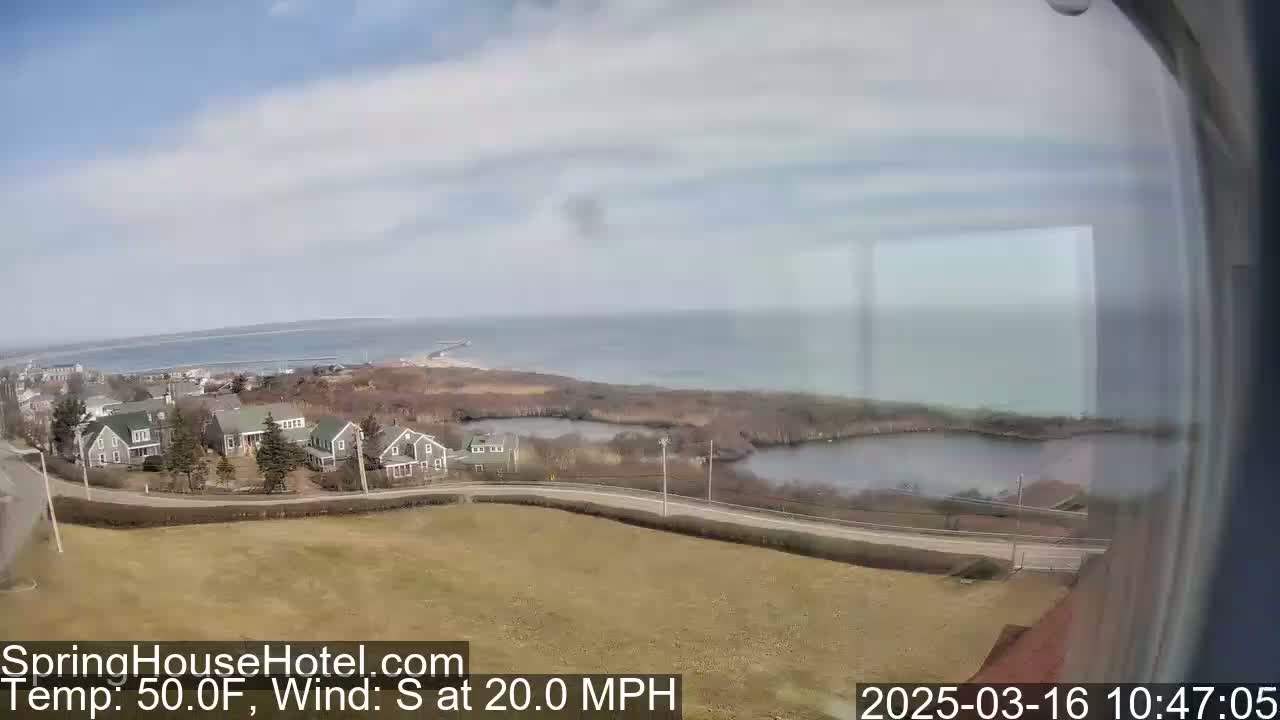 A coastal view on a partly cloudy day with a 50°F temperature and a 20 mph south wind shows a road winding past houses and a body of water towards the ocean.