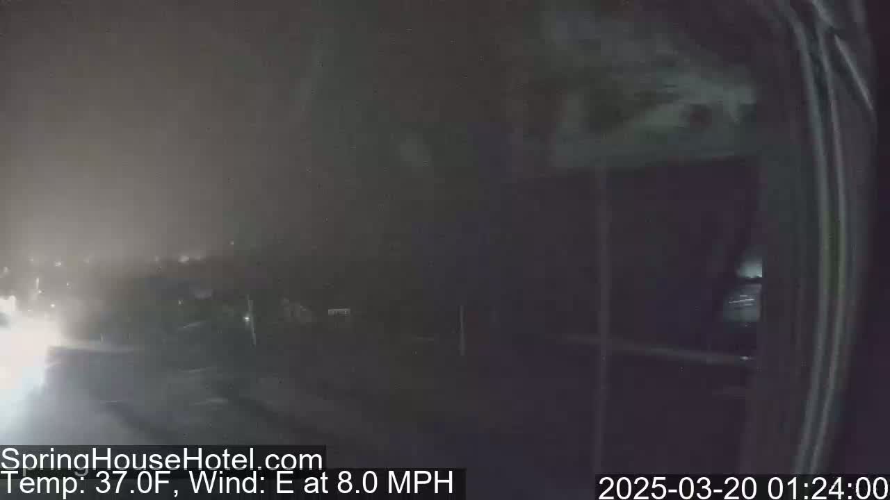 A foggy night scene shows blurry lights in the distance, with an 8 mph easterly wind and a temperature of 37 degrees Fahrenheit.