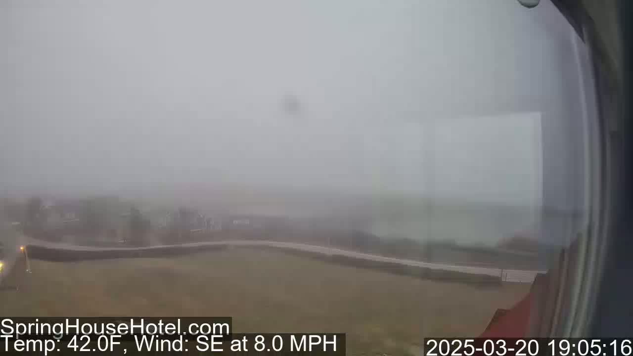 A foggy, outdoor scene shows a flat landscape with some buildings barely visible in the distance, under a 42°F temperature with an 8 mph southeast wind.