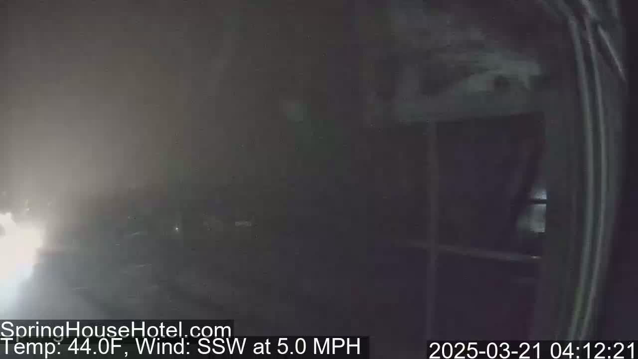 A foggy nighttime scene is visible through a window, with a 5.0 mph wind blowing from the south-southwest at a temperature of 44°F.