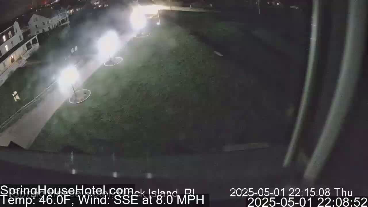 A nighttime view of a grassy area with a building in the background, illuminated by several bright lights, under hazy conditions with a wind blowing from the south-southeast at 8 mph.