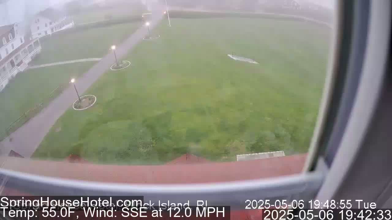 A view from a window shows a grassy area with walkways and buildings in the background, during a rainy day with a southeast wind.