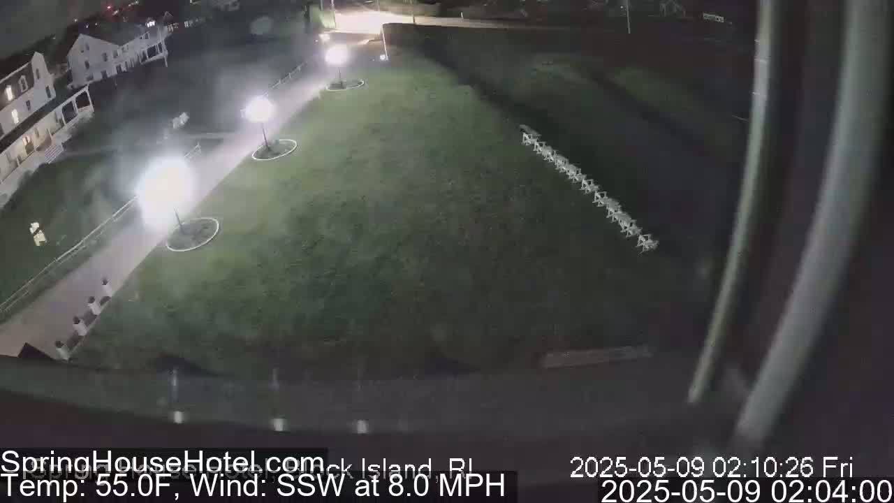 A nighttime view of a grassy area with a building and several lights, under a 55°F temperature with an 8 mph south-southwesterly wind.