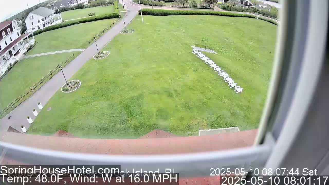 A high-angle view shows a large grassy area with a row of white chairs, a paved walkway, and a white building in the background, all under windy, 48°F weather.