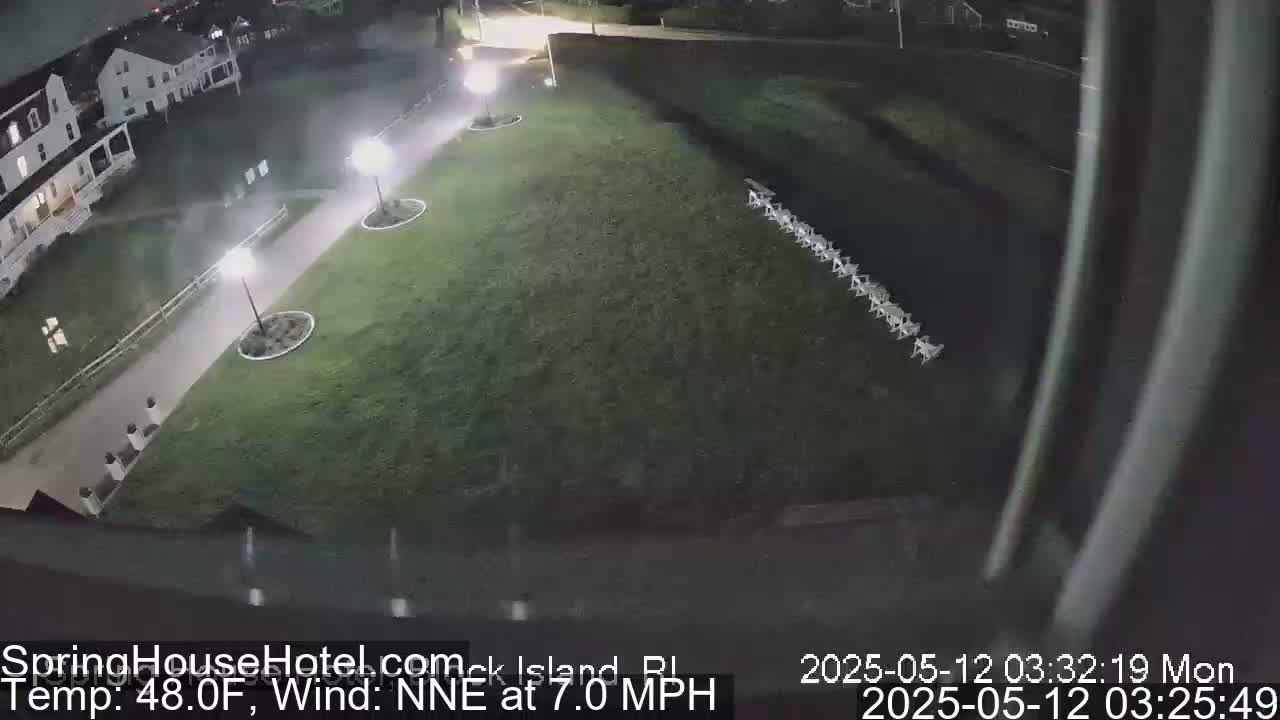 A nighttime, overhead view of a grassy area with a paved walkway, lit by several lamps, adjacent to a white building, under a partly cloudy sky with a north-northeast wind at 7 mph and a temperature of 48°F.